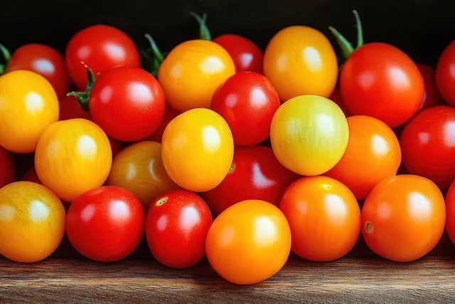 A close-up pile of red, yellow, and orange cherry tomatoes on a wooden surface under natural light.