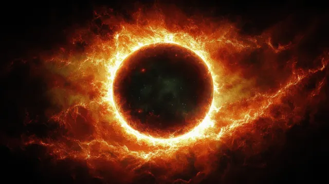 A fiery glowing ring of flames surrounds a dark eclipse-like core with orange and red clouds radiating outward.