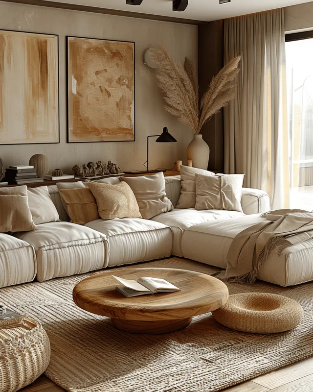 Scandinavian living room with beige sofa, woven rug, wooden coffee table, and abstract wall art near daylight window.