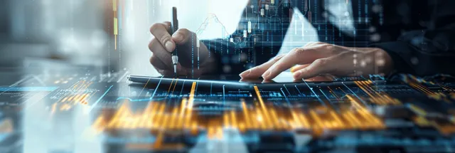 Analyst hands using tablet to review financial charts and data streams at office desk