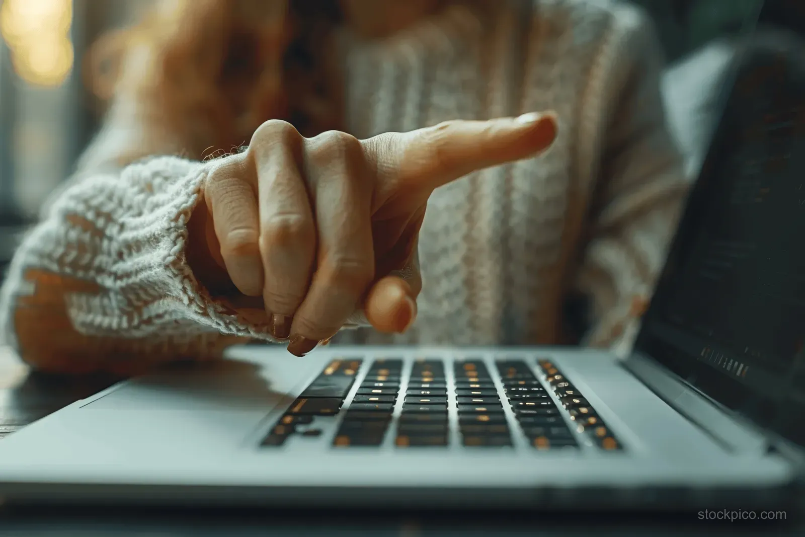 A woman’s hands type on a laptop keyboard at an office desk in close-up view.