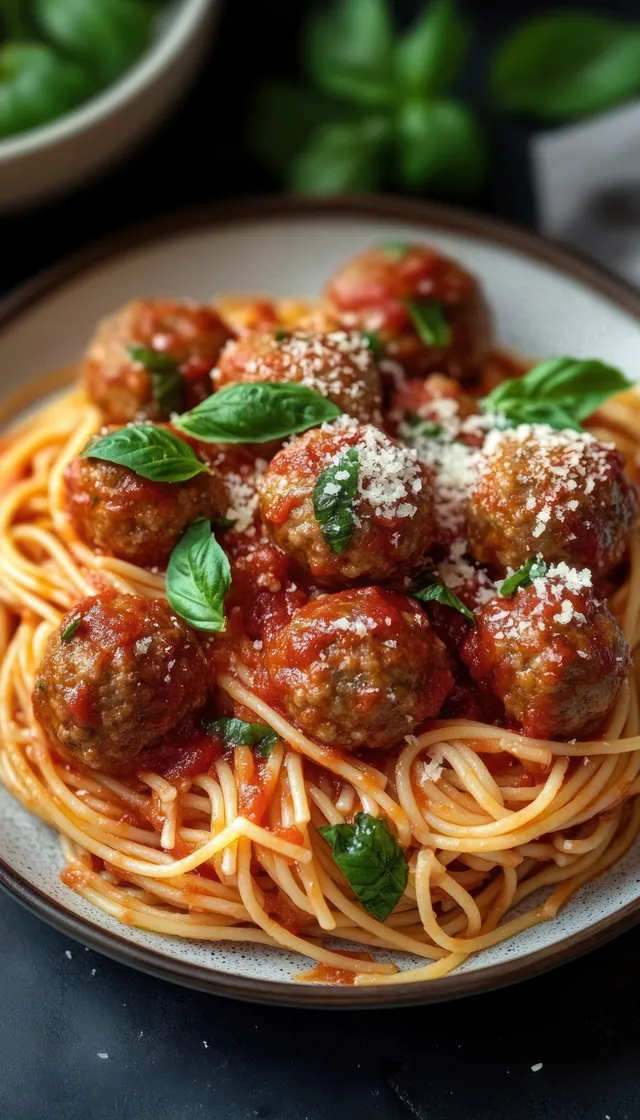 Spaghetti pasta with tomato sauce, meatballs, grated cheese, and fresh basil leaves on a brown ceramic plate.