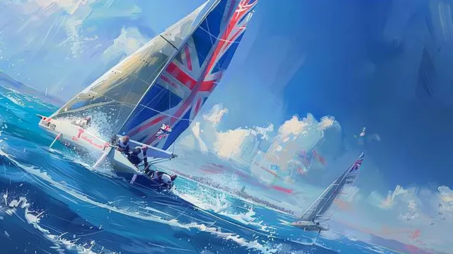 A 49er sailboat races across bright blue water with a Union Jack flag and sails cutting through spray.