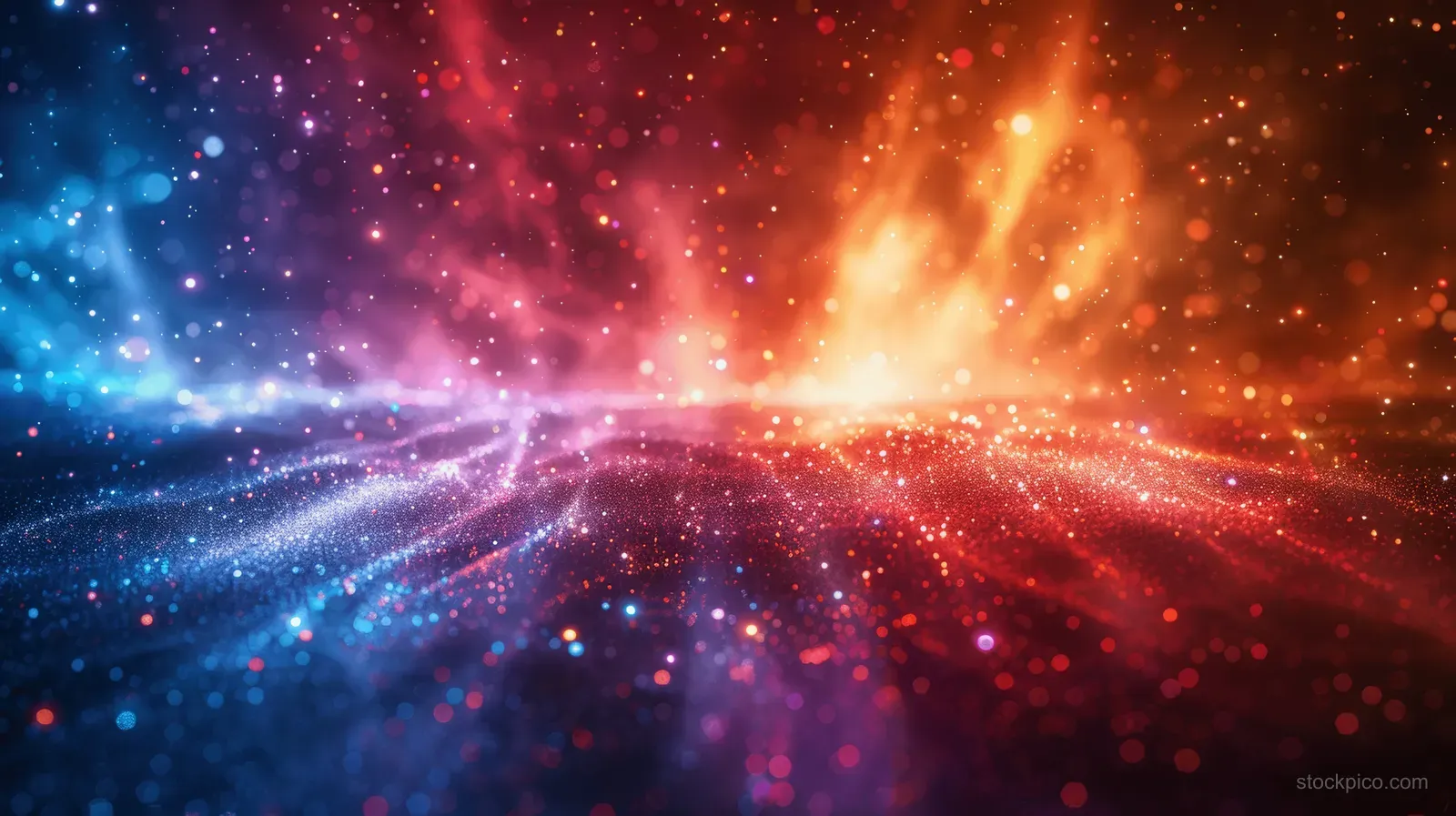 A central explosion of blue and orange glittering bokeh lights radiates across a dark cosmic background.