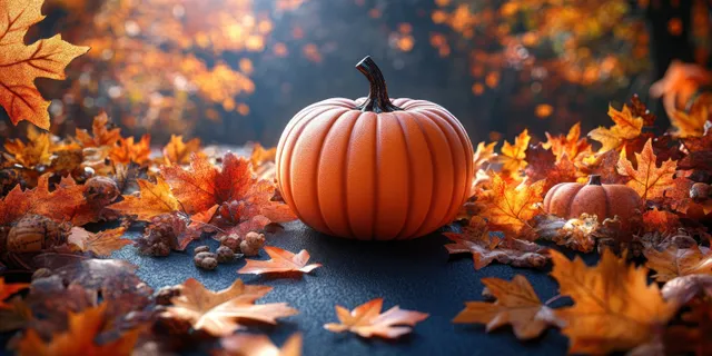 Jack-o-lantern pumpkin centered on blue table, surrounded by autumn leaves in warm light