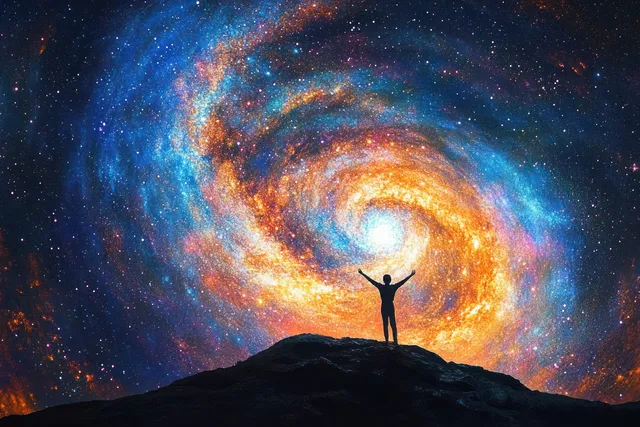 Silhouette figure stands on a rocky hill with arms raised beneath a glowing swirling spiral galaxy.