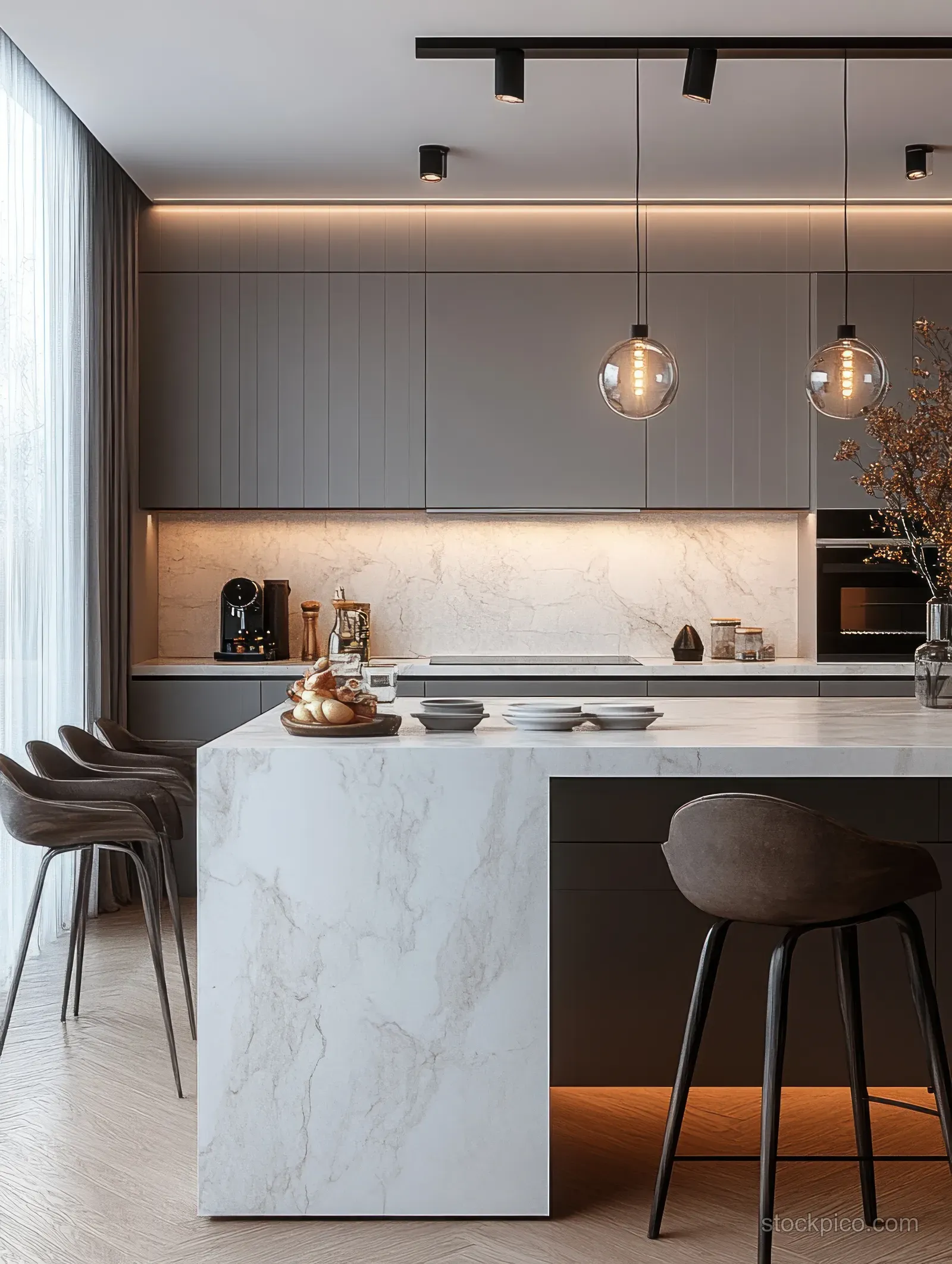 Gray Scandinavian kitchen with marble island, pendant lights, bar stools, and built-in appliances along the backsplash.