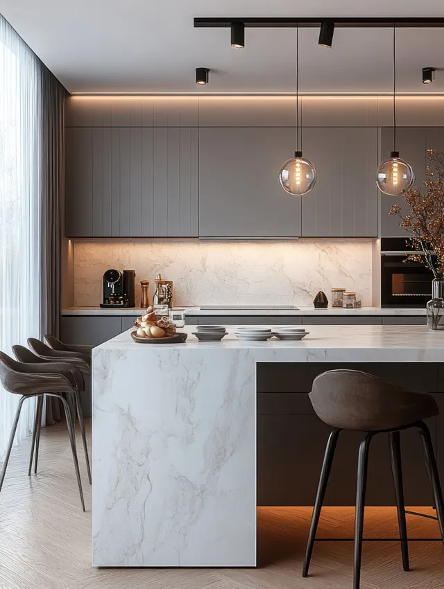 Gray Scandinavian kitchen with marble island, pendant lights, bar stools, and built-in appliances along the backsplash.