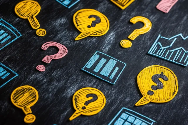Colorful hand-drawn question marks and chart icons scattered on a dark textured background.