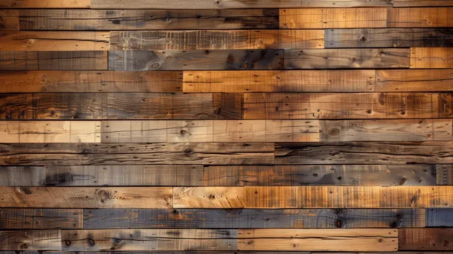 Horizontal reclaimed wooden planks form a weathered rustic wall with knots and varied grain colors.