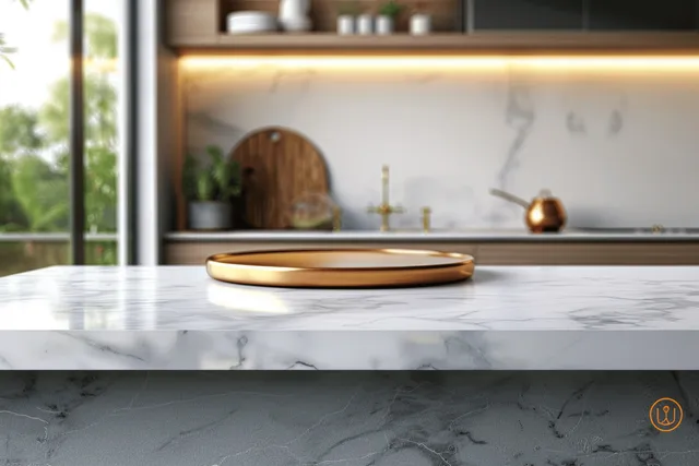 White marble countertop with a gold-rim tray in front of a blurred modern kitchen interior with warm under-cabinet lights.
