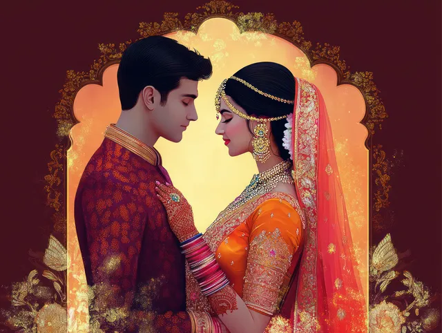 Indian bride and groom embrace under an ornate golden arch with floral decorations.