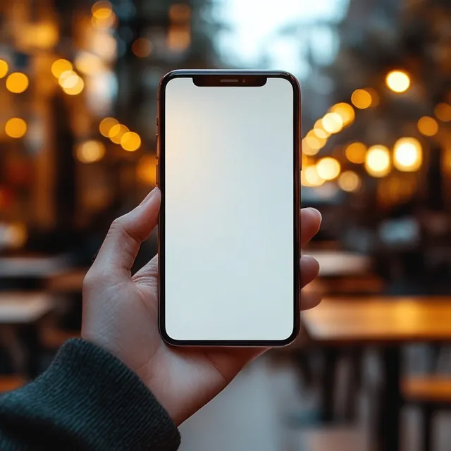 Hand holding a smartphone showing a blank white screen in an outdoor evening café with warm bokeh lights behind.