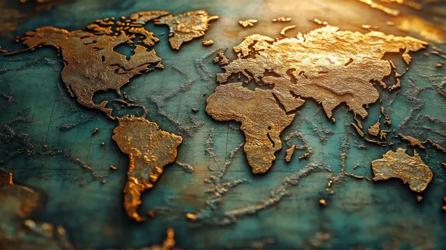 Gold textured continents form a world map over a teal ocean background with raised relief detail.