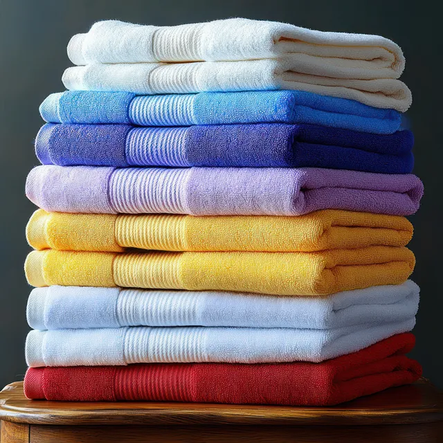 Neatly folded towels in white, blue, purple, yellow, and red stacked on a wooden surface.