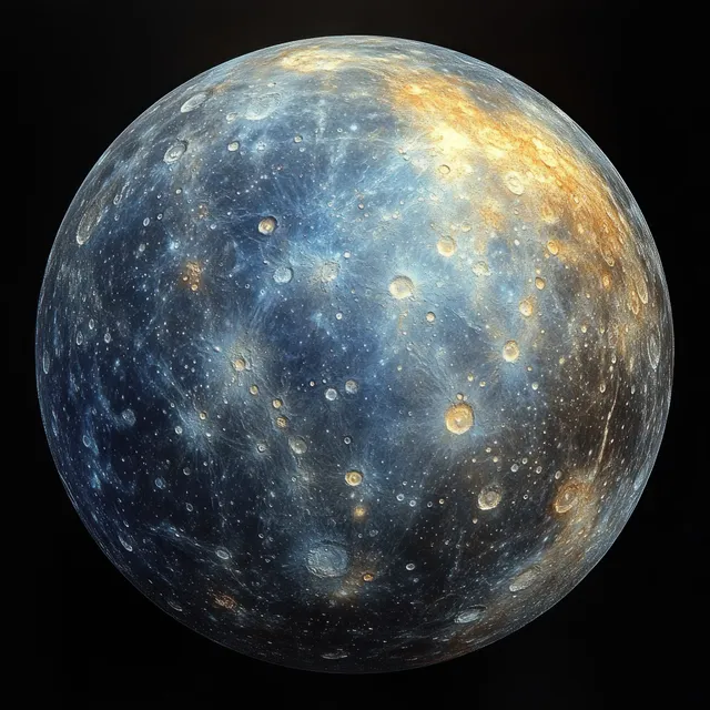 A blue and gold cratered celestial sphere with rugged impact craters against a dark space background.