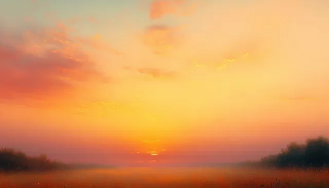 Impressionist sunset sky with pastel gradients and soft clouds glowing above a dark horizon.