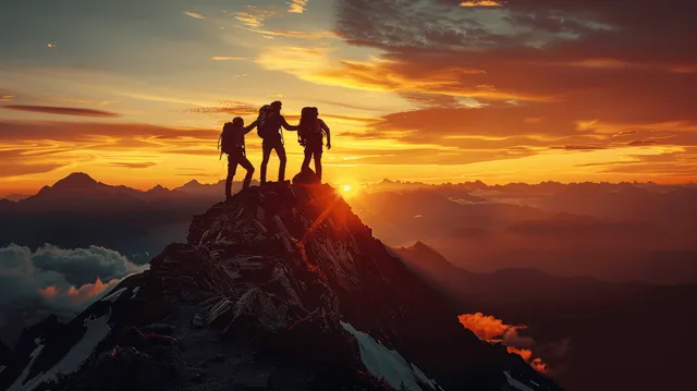 Silhouetted hikers stand triumphantly on a mountain summit as the sun sets behind vibrant, layered clouds.