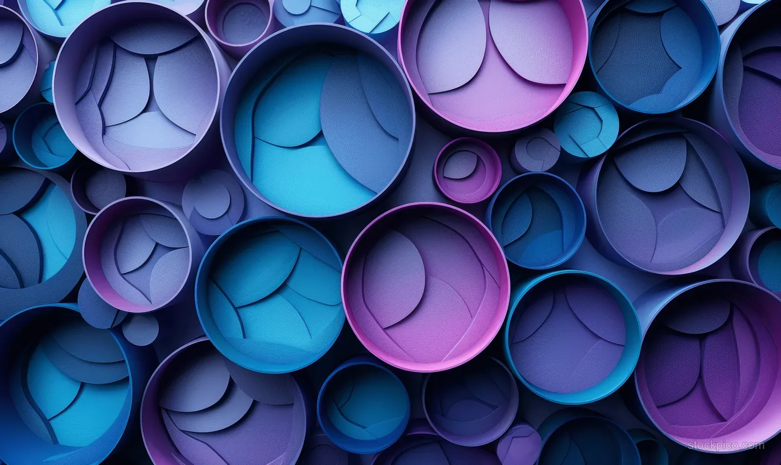 Blue and purple 3D spheres overlap across a smooth gradient background with soft highlights.