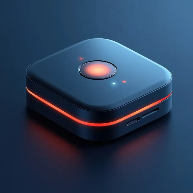 A glowing 3D photo-editing software icon with red edge lighting sits on a dark blue background.