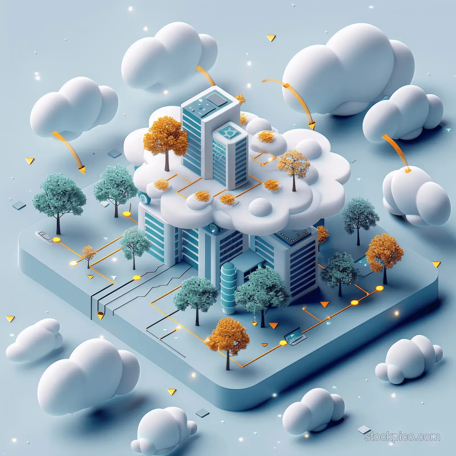 Isometric view of a central building under floating clouds with glowing network lines and nodes on a light blue base.