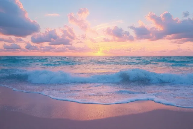 Gentle waves roll onto a sandy beach under a colorful sunrise sky with scattered clouds.