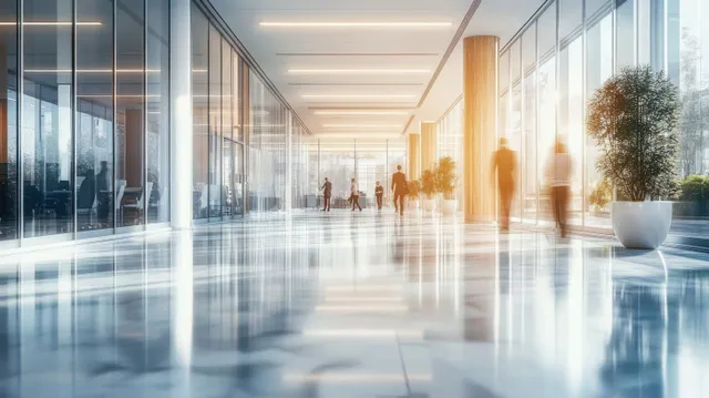 Blurred business people walk through a bright glass-walled office corridor with reflections on the polished floor.