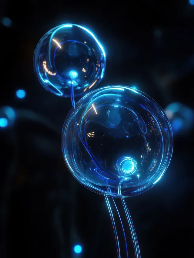 Two translucent blue spheres connected by thin glowing tubes float on a dark futuristic background with scattered light orbs.