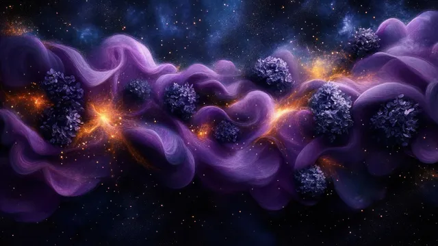 Purple cosmic ribbons swirl through deep starry space with glowing golden particles and flower-like clusters.