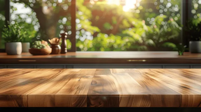 Rustic wooden tabletop in warm light with a softly blurred kitchen window view