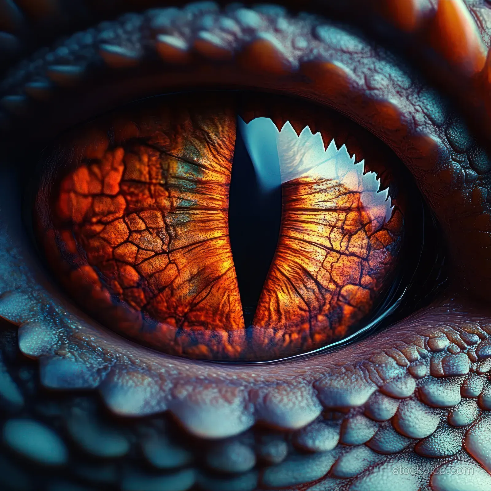 Close-up of a reptile eye with a vertical slit pupil, orange-brown iris, and textured scaly skin surrounding it.