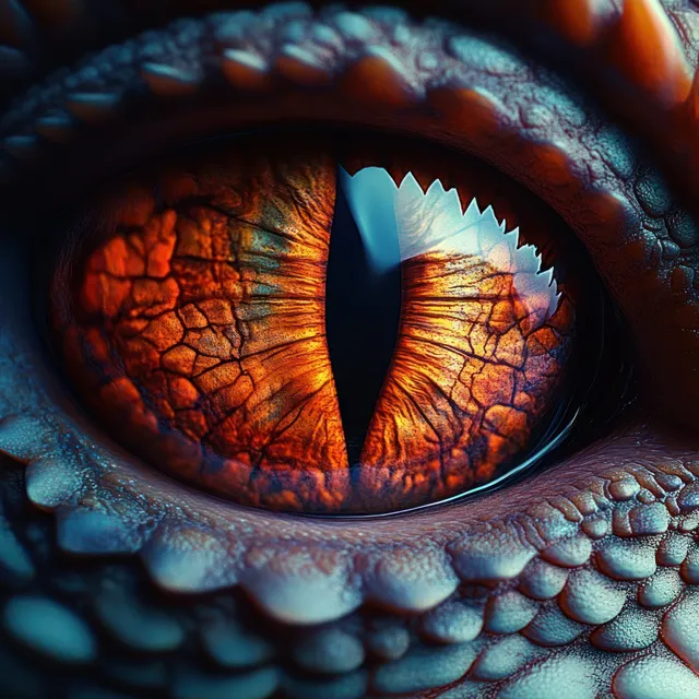 Close-up of a reptile eye with a vertical slit pupil, orange-brown iris, and textured scaly skin surrounding it.