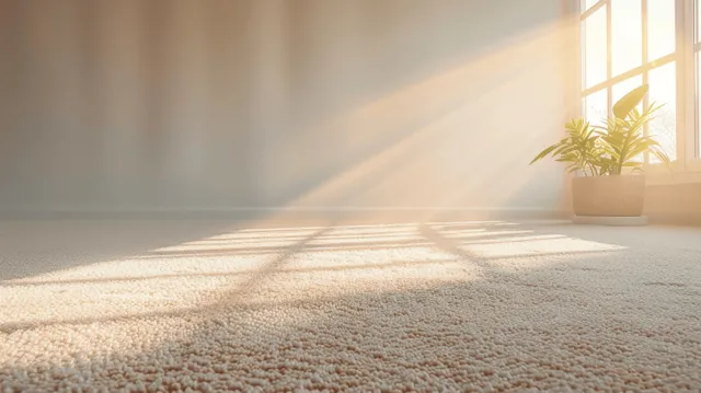 Sunlit minimalist living room with beige carpet, soft shadows, and window light