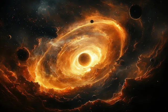 Fiery glowing galaxy swirl around a dark central black hole with orbiting planets in surrounding nebula clouds.