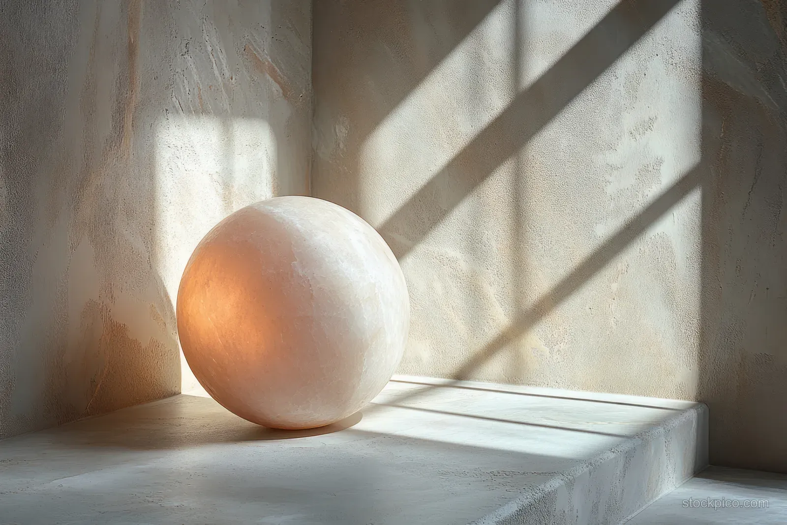 Peach and white spheres sit on pale steps under soft sunlight with long shadows behind them.