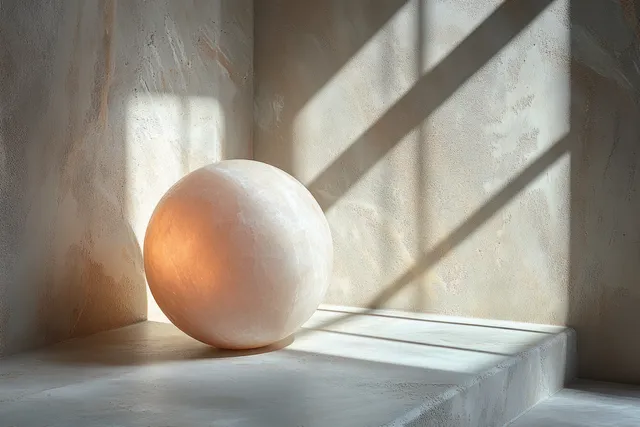 Peach and white spheres sit on pale steps under soft sunlight with long shadows behind them.