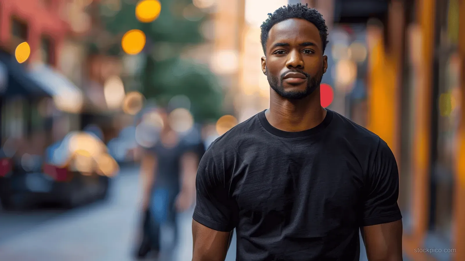 African American man stands on a city street wearing a blank black t-shirt as pedestrians blur in daylight.