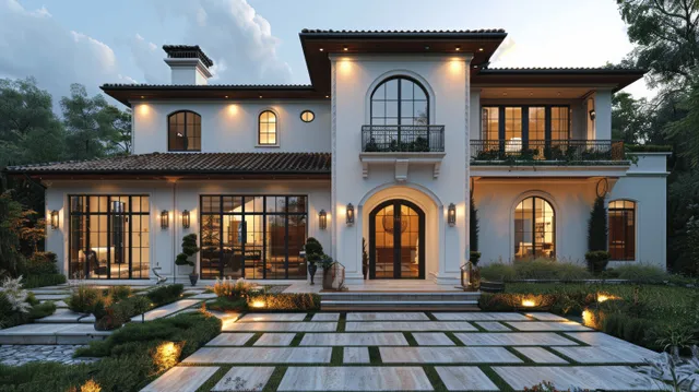 Spanish colonial home front exterior at dusk with glowing lights, stone walkway, and manicured landscaping.