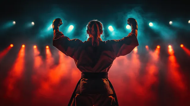 Karate athlete raises both arms in victory pose under dramatic arena lights