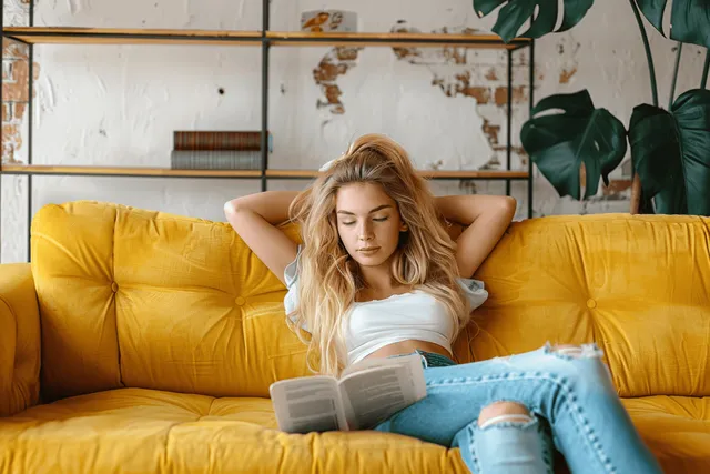 Blonde girl reading an open book on a yellow sofa in a bright living room with Shallow Depth Of Field