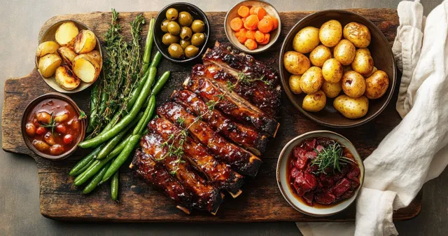 Barbecue glazed pork ribs with herbs are plated on a wooden board beside potatoes, green beans, olives, and chutney.