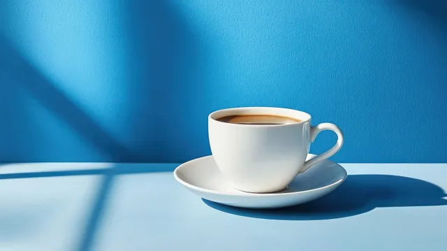 White ceramic coffee cup with dark coffee on a matching saucer, casting shadows on a blue textured wall.