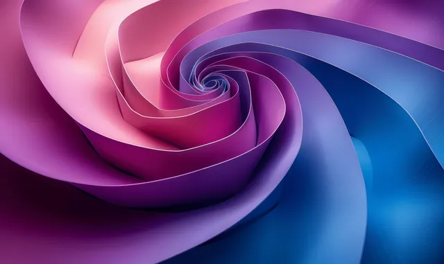 3D abstract spiral rings in blue and purple gradient with glossy ribbon-like curves