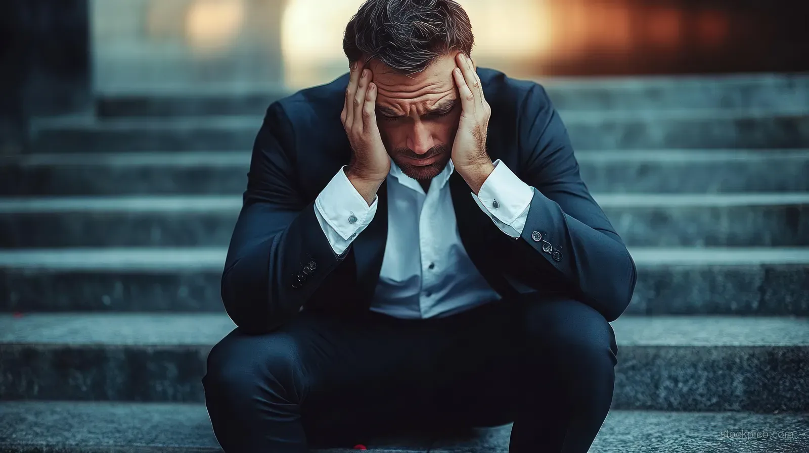 A suited man sits on outdoor stone stairs with hands on his head, looking overwhelmed in city daylight.
