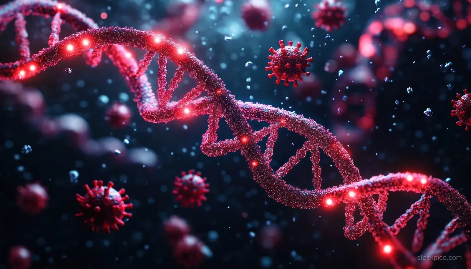 Glowing red DNA double helix strand surrounded by small virus-like particles in a dark, scientific background.