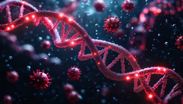 Glowing red DNA double helix strand surrounded by small virus-like particles in a dark, scientific background.