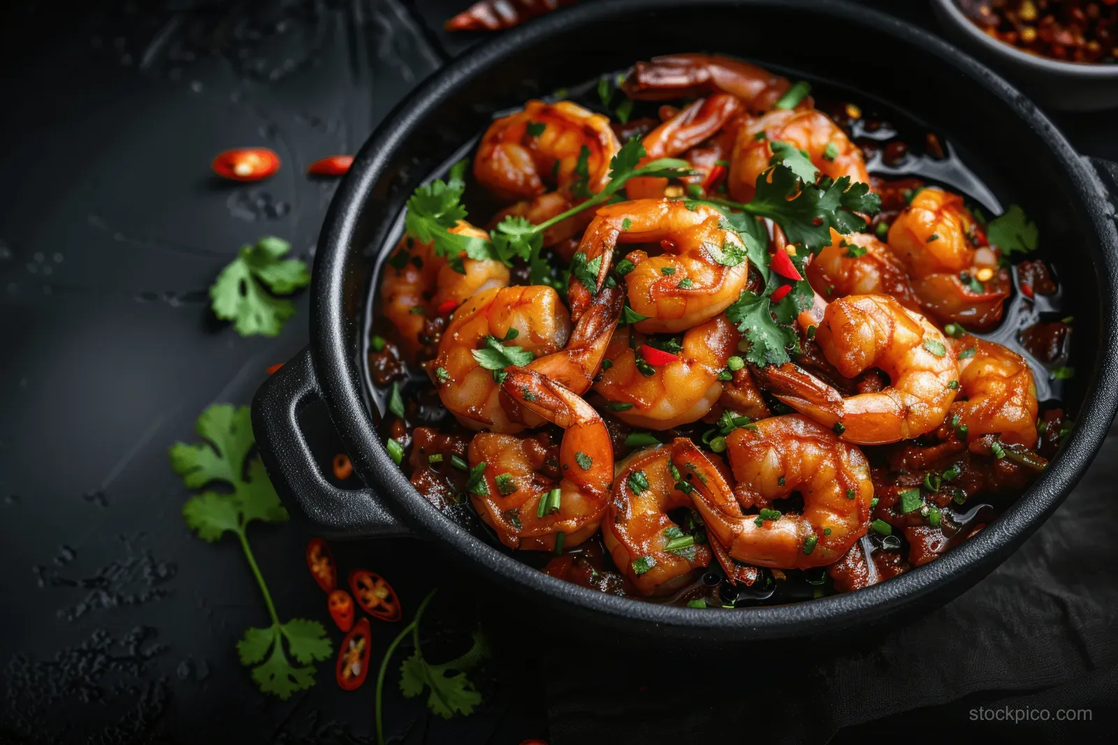 Spicy shrimp in a black bowl, garnished with red chili peppers and fresh herbs, viewed from above.