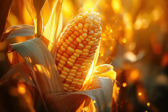 Golden corn on the cob fills the frame with sunlit kernels and visible husk texture.