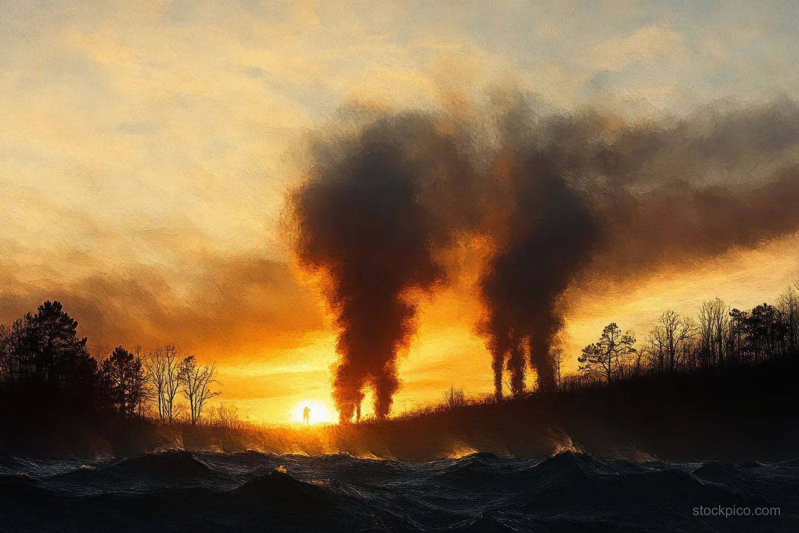 Silhouetted person stands at a rocky shoreline as turbulent waves and dark smoke plumes rise behind trees at sunset.