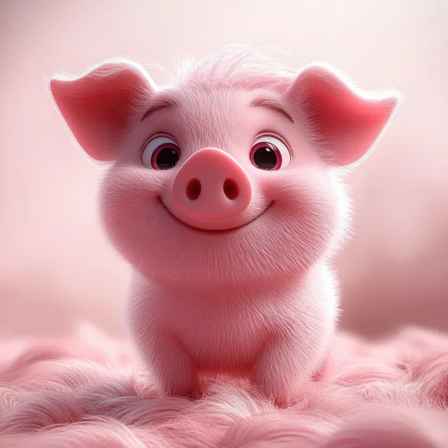 A pink piglet smiles with big ears and bright eyes while sitting on fluffy fur in soft light.